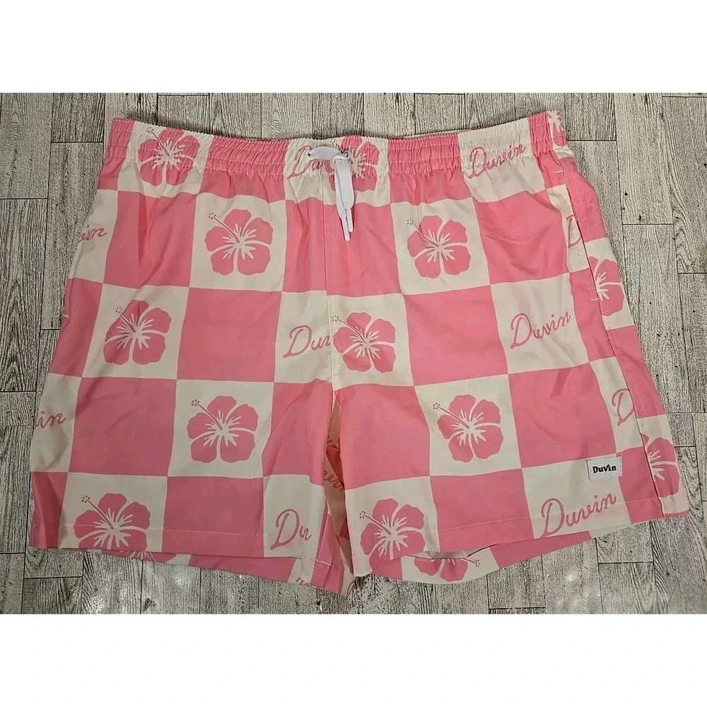 Duvin Swim Trunks XXL (2X) Mens Checkered Pink Mesh Liner Pockets NEW w/o Tags